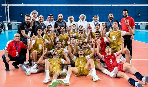 Bahrain’s youth volleyball team celebrate after their previous win