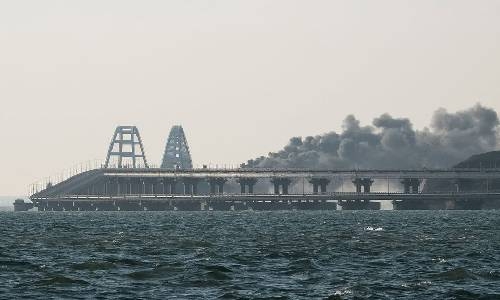 Explosion destroys part of Crimea bridge crucial to Russian war effort Explosion destroys part of Crimea bridge crucial to Russian war effort