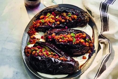 Stuffed Eggplant with Spiced Beef and Pine Nuts