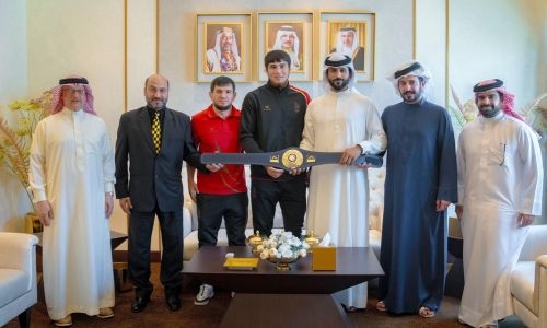 HH Shaikh Nasser receives wrestling world champion