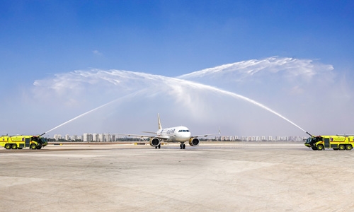 Water cannon salute for Gulf Air flight at Tel Aviv