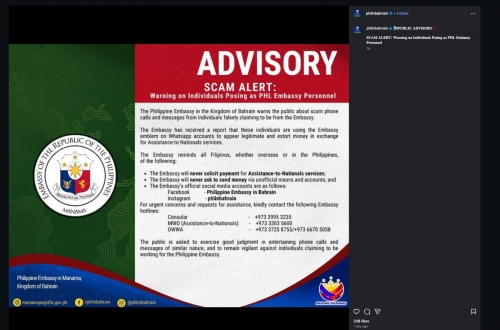 Philippine Embassy in Bahrain Warns Public Against Scam Calls Posing as Officials