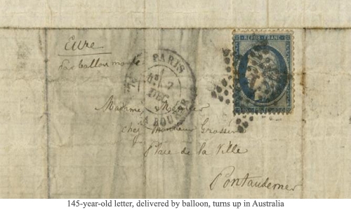 145-year-old letter, delivered by balloon, turns up in Australia