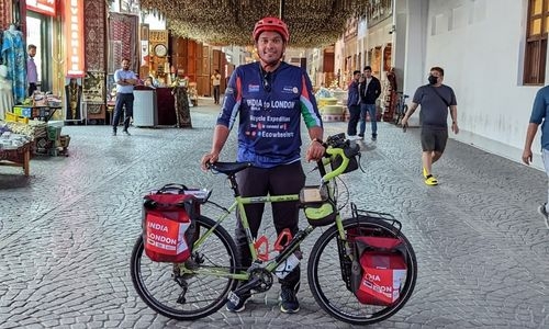 Fayis Asraf Ali in Bahrain enroute to London as final destination after crisscrossing 35 countries on bicycle