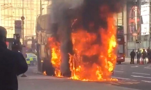 Double-decker bus bursts into flames outside Liverpool Street station in London Double-decker bus bursts into flames outside Liverpool Street station in London