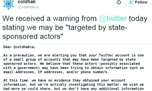 Twitter warns of government 'hacking' Twitter warns of government 'hacking'