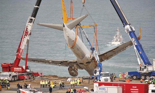 Giant lift removes skidded plane Giant lift removes skidded plane