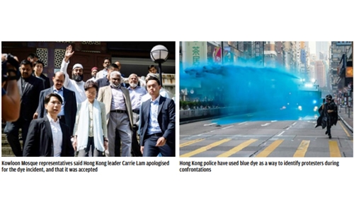 HK leader visits mosque struck by blue water-cannon dye
